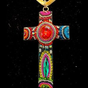 Sterling / 925 Brilliant Color Beaded Glass Cross Pendant
